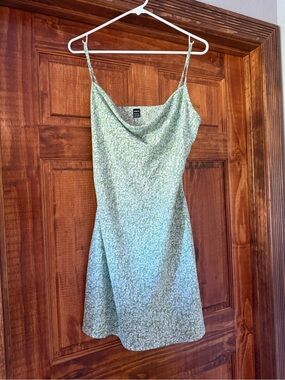 Light Green Floral Slip Dress with Cowl Neck